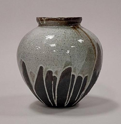 Large Black Stoneware Tsubo With Poured White Shino And Green Ash Running Glazes