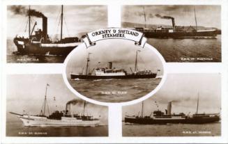 Black and white card showing St Ola, St Rognvald, St Sunniva and St Magnus with a view of St Cl…