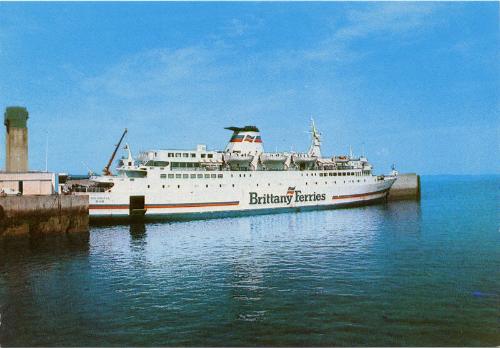 View of starboard side of 'Tregastel' in Brittany Ferries livery at Roscoff