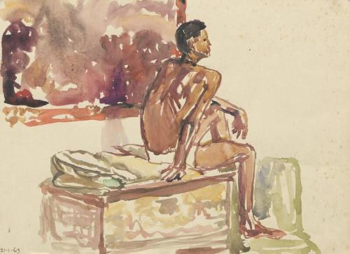 Male figure, foot on chair