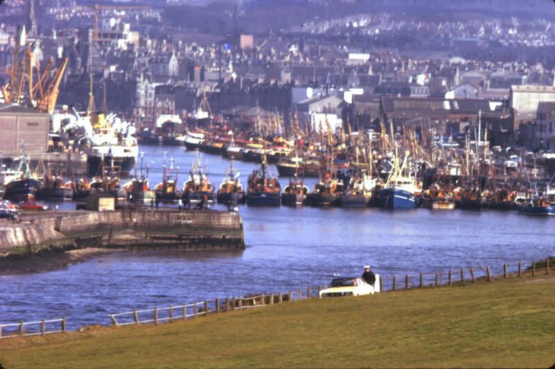 colour slide showing trawlers blockading Aberdeen harbour