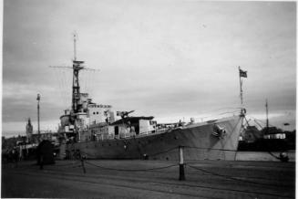 Black and White Photograph in album of Royal Naval vessel visiting Aberdeen