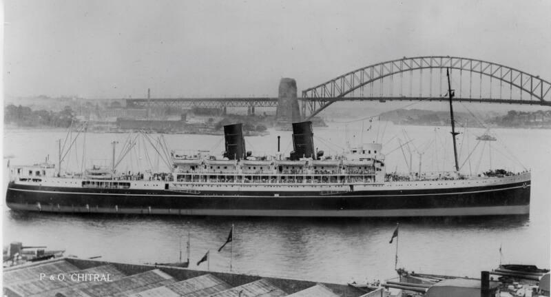 Black and White Photograph in album of 'Chitral' P&O Liner in Sydney Harbour