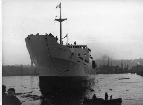 Black and white photograph of launch of Aberdonian Coast