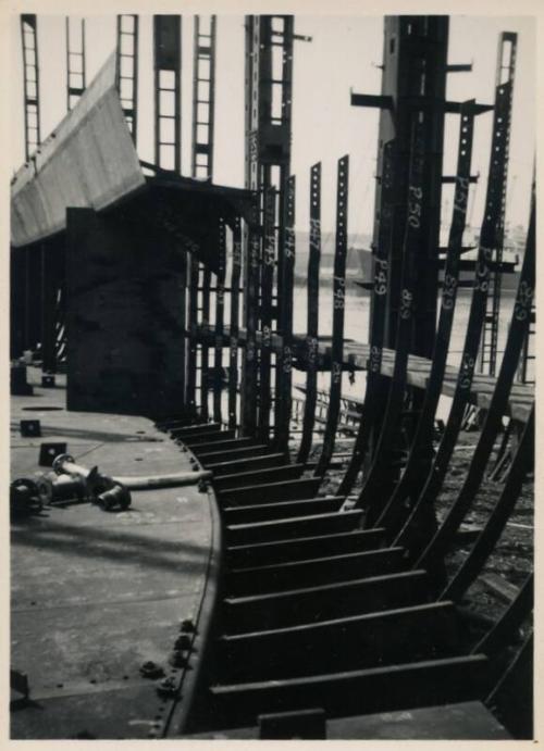 black and white photograph of motor coaster Anno under construction