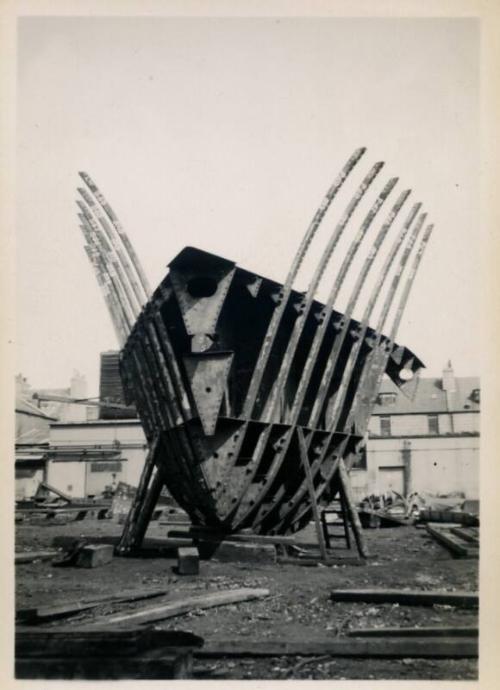 black and white photograph of motor coaster Anno under construction