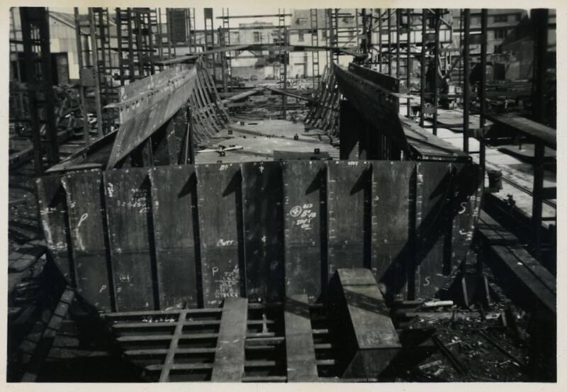 black and white photograph of motor coaster Anno under construction