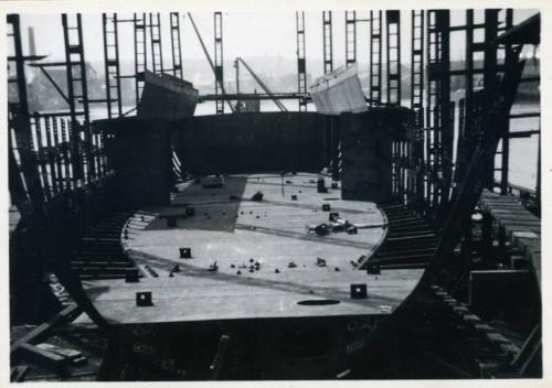 black and white photograph of motor coaster Anno under construction