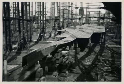 black and white photograph of motor coaster Anno under construction