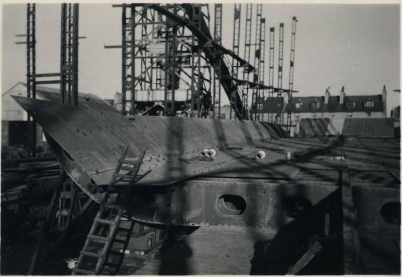 black and white photograph of steam collier Ajasa under construction