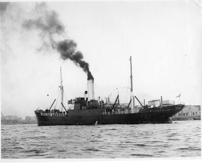 Black and white photograph of cargo vessel Harlaw