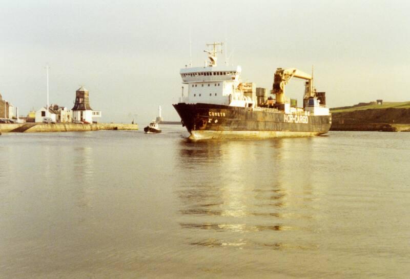 Colour Photograph Showing The Cargo Vessel 'cometa' Arriving In Aberdeen Harbour, Port Side View