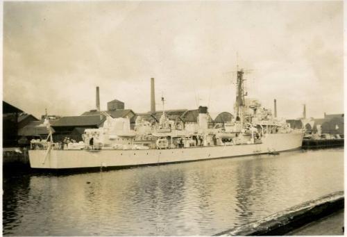 Black and White Photograph in album of Royal Navy Destroyer HMS Battleaxe in Aberdeen Harbour