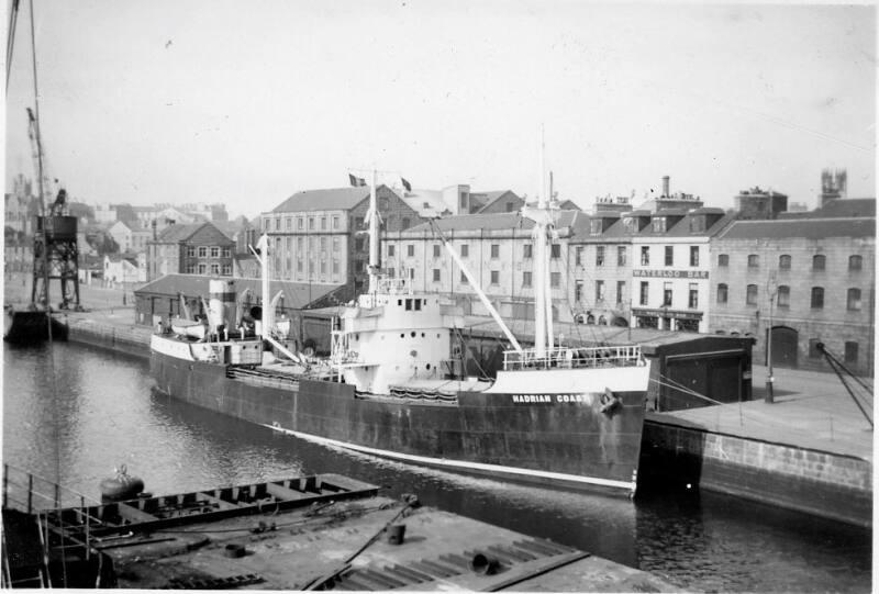 Black and White Photograph in album of motor cargo vessel 'Hadrian Coast' in Aberdeen harbour