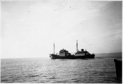 Black and White Photograph in album of Dutch cargo ship 'Matar N' under way