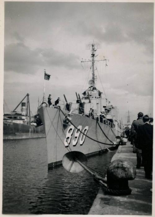 Black and White Photograph in album of US Naval destroyer 'Meredith' at dockside