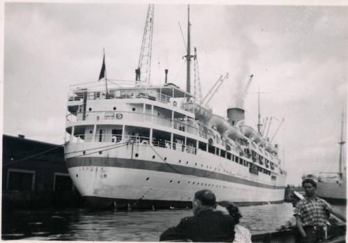 Black and White Photograph in album of passenger/troopship ship 'Dilwara' docked