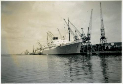 Black and White Photograph in album of Union-Castle ship 'Athlone Castle' at dockside