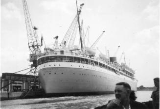 Black and White Photograph in album of ship 'Athlone Castle' docked