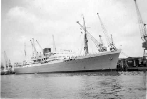 Black and White Photograph in album of ship 'Athlone Castle' docked