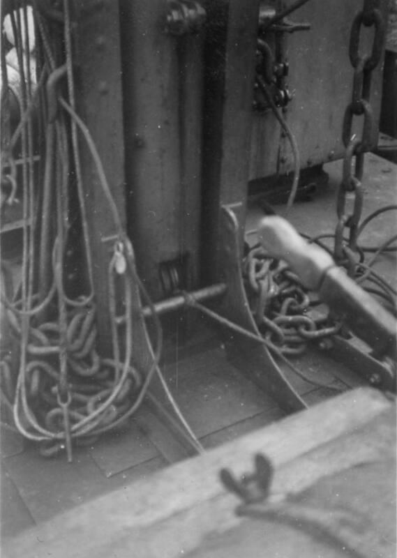 Black and White Photograph in album showing close up of deck fittings