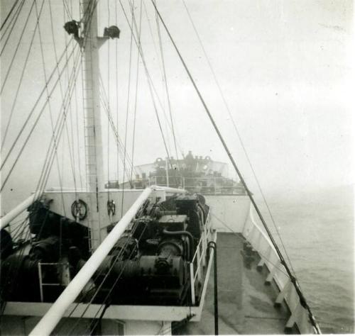 Black and White Photograph in album of ship 'Aberdonian Coast' onboard during trials