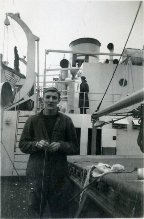 Black and White Photograph in album of crewman onboard 'Byfjord'