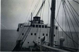 Black and White Photograph in album onboard ship 'Byfjord' looking aft during sea trials