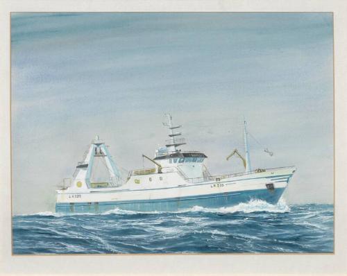 Framed watercolour painting of Stern Trawler Sunbeam LK335 at sea