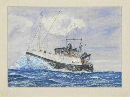 Framed watercolour painting of trawler Cleanaway KY327 at sea