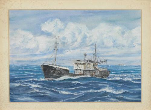 Framed watercolour painting of trawler Ocean Dawn KY371 at sea