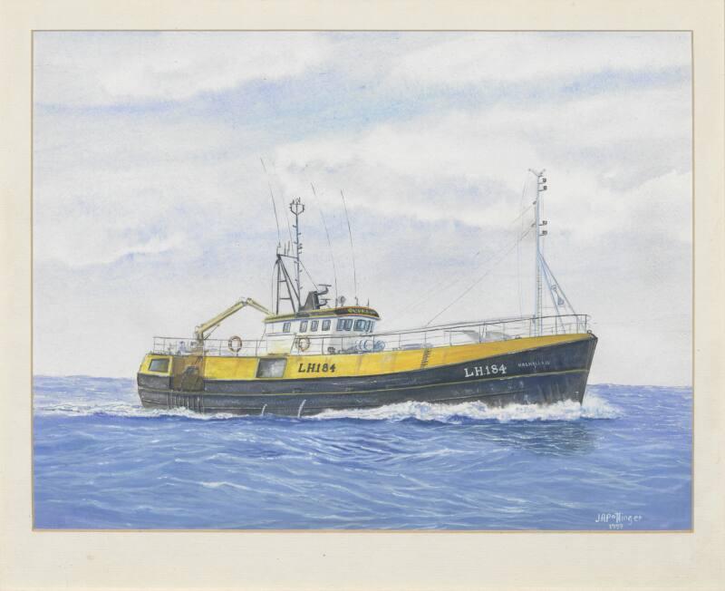 Framed watercolour painting of trawler Valhalla IV LH184 at sea