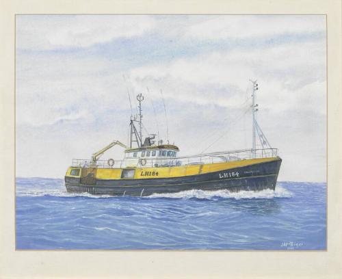 Framed watercolour painting of trawler Valhalla IV LH184 at sea