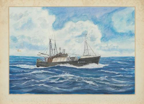 Framed watercolour painting of trawler Contender KY357 at sea