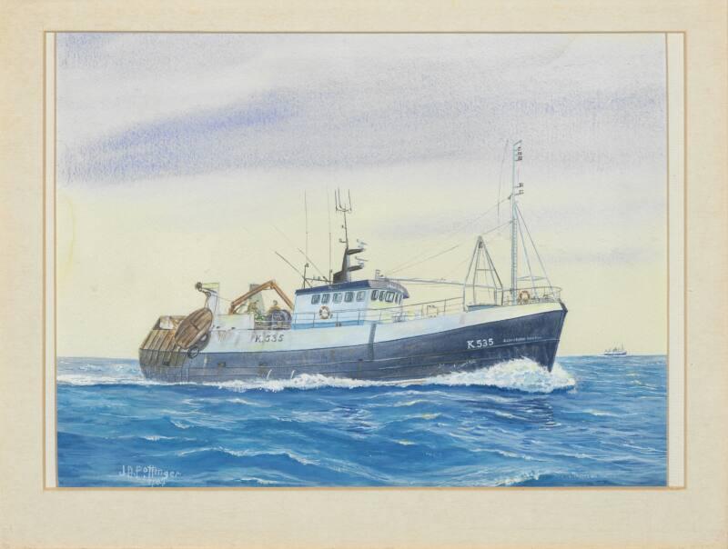 Framed watercolour painting of trawler Guardian Angel K535 at sea