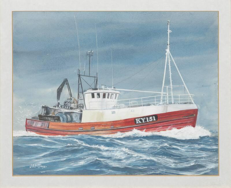 Framed watercolour painting of trawler Good Design KY151 at sea