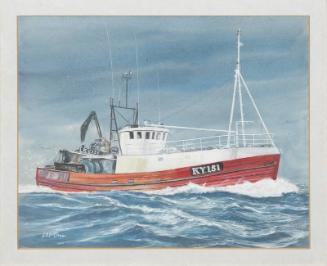 Framed watercolour painting of trawler Good Design KY151 at sea