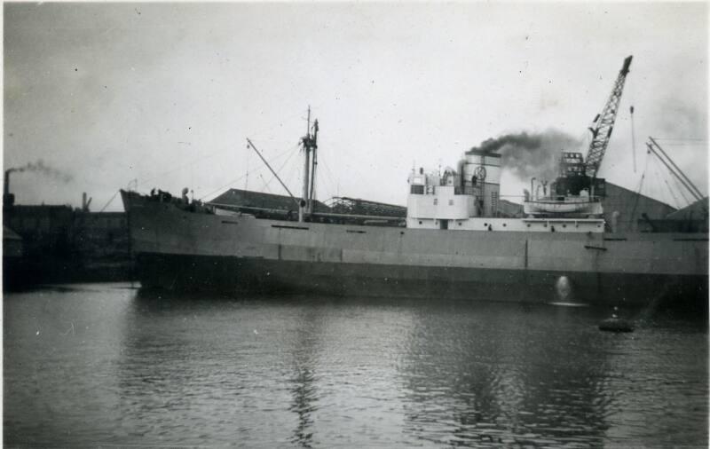 Black and White Photograph in album of ship 'Byfjord' docking in Aberdeen harbour