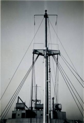 Black and White Photograph in album onboard 'Enugu' showing masts and rigging