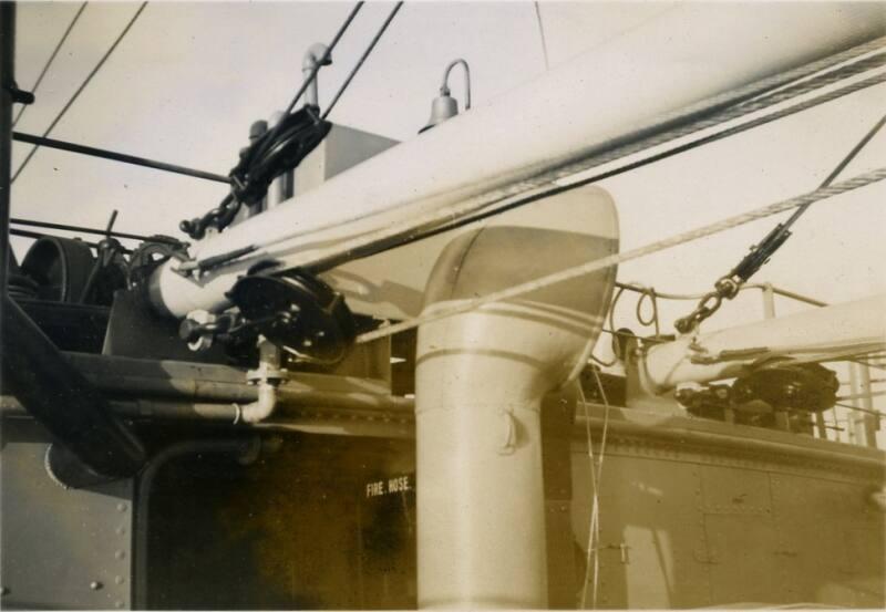 Black and White Photograph in album onboard ship 'Enugu' - close up of fittings and funnel