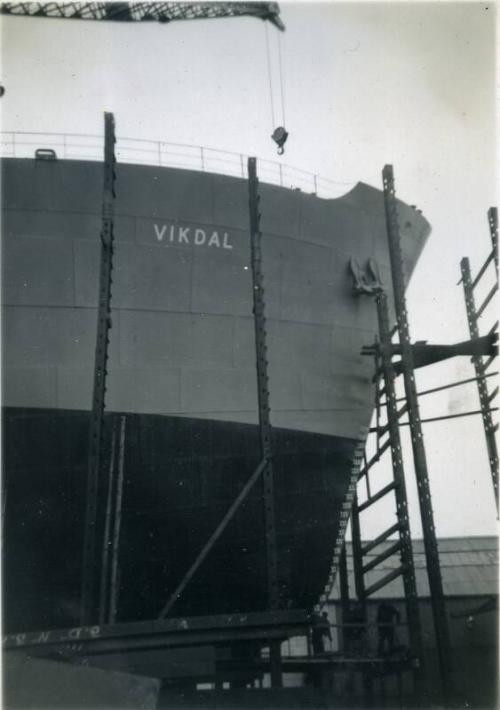 Black and White Photograph in album of 'Vikdal' bow in Hall Russell's shipyard