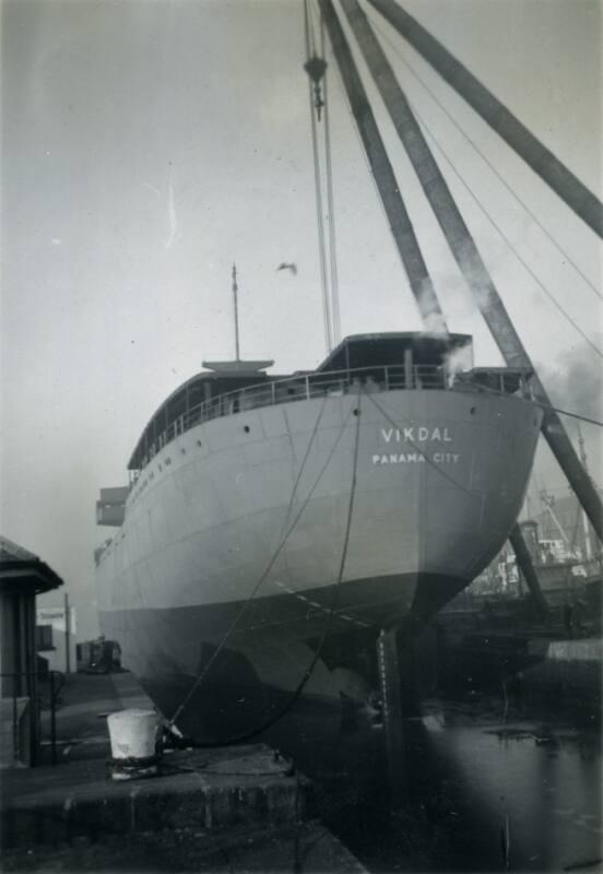 Black and White Photograph in album of 'Vikdal' bow in Hall Russell's shipyard