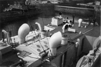 Black and White Photograph in album of 'Borre' funnels and skylights on roof of deckhouse