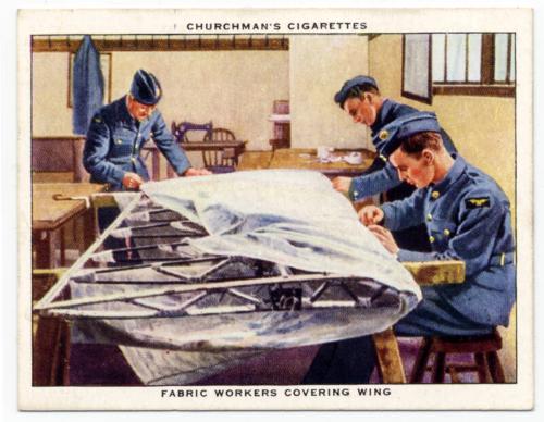 'the RAF At Work' Churchman Cigarette Card - Fabric Workers Covering Wings