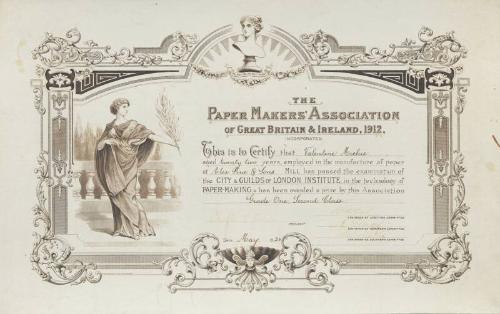 Paper Makers Association Certificate Awarded To Valentine Michie