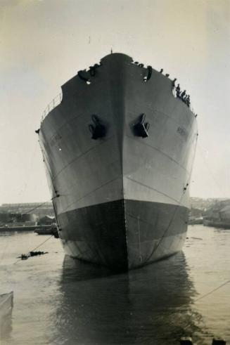 Black and White Photograph in album of cargo ship 'Nordpol' after launch in Aberdeen harbour