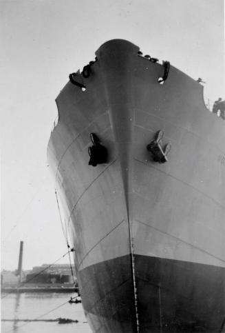 Black and White Photograph in album of cargo ship 'Nordpol' close up of bow