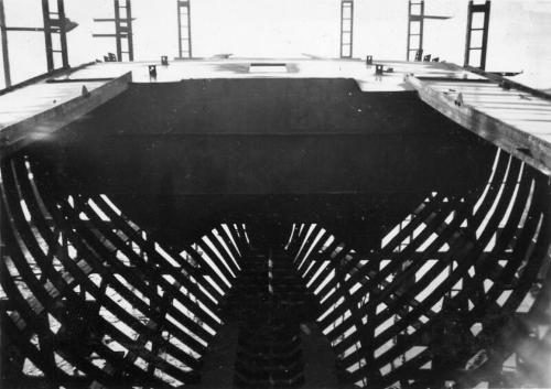 Black and White Photograph in album of construction of Norwegian whaler 'POL XV'