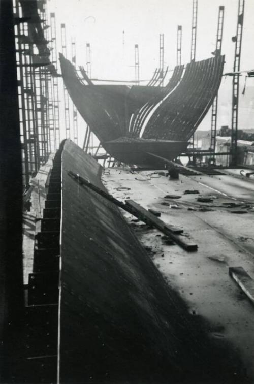 black and white photograph of steam collier Ajasa under construction