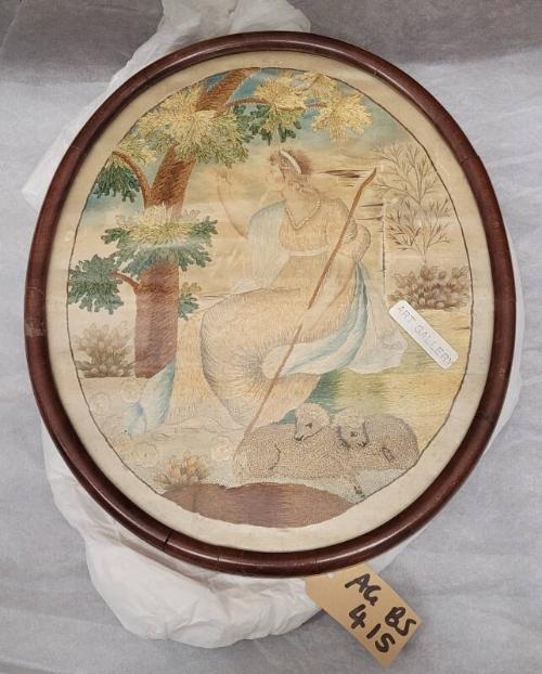 Framed Oval Silk Tapestry of Erminia From Jerusalem Delivered